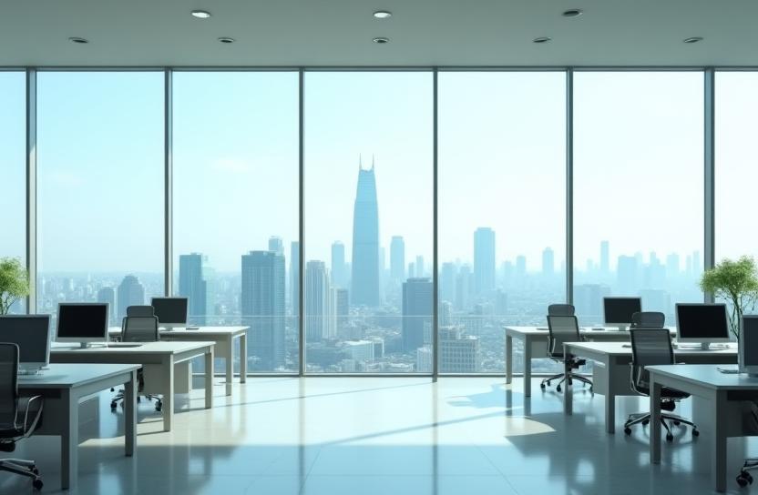 Modern office workspace overlooking Tokyo skyline